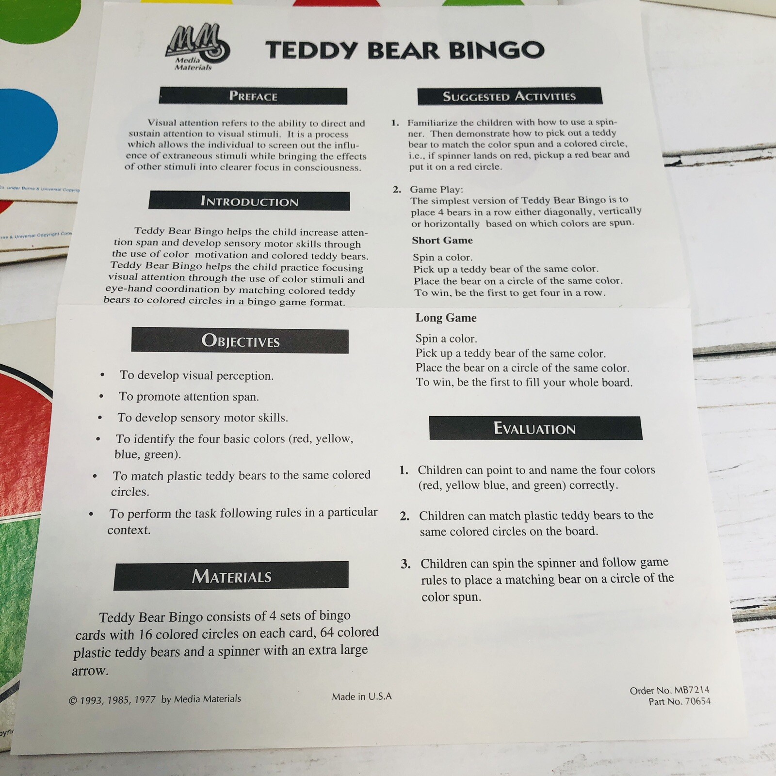 TEDDY BEAR BINGO Color Perception Game Teacher Parent Aid Eye Hand Coordination