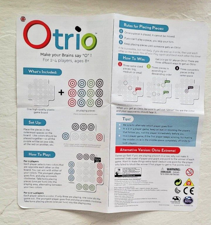 Otrio Game Marbles Brain Workshop Complete French English Instructions Award Win