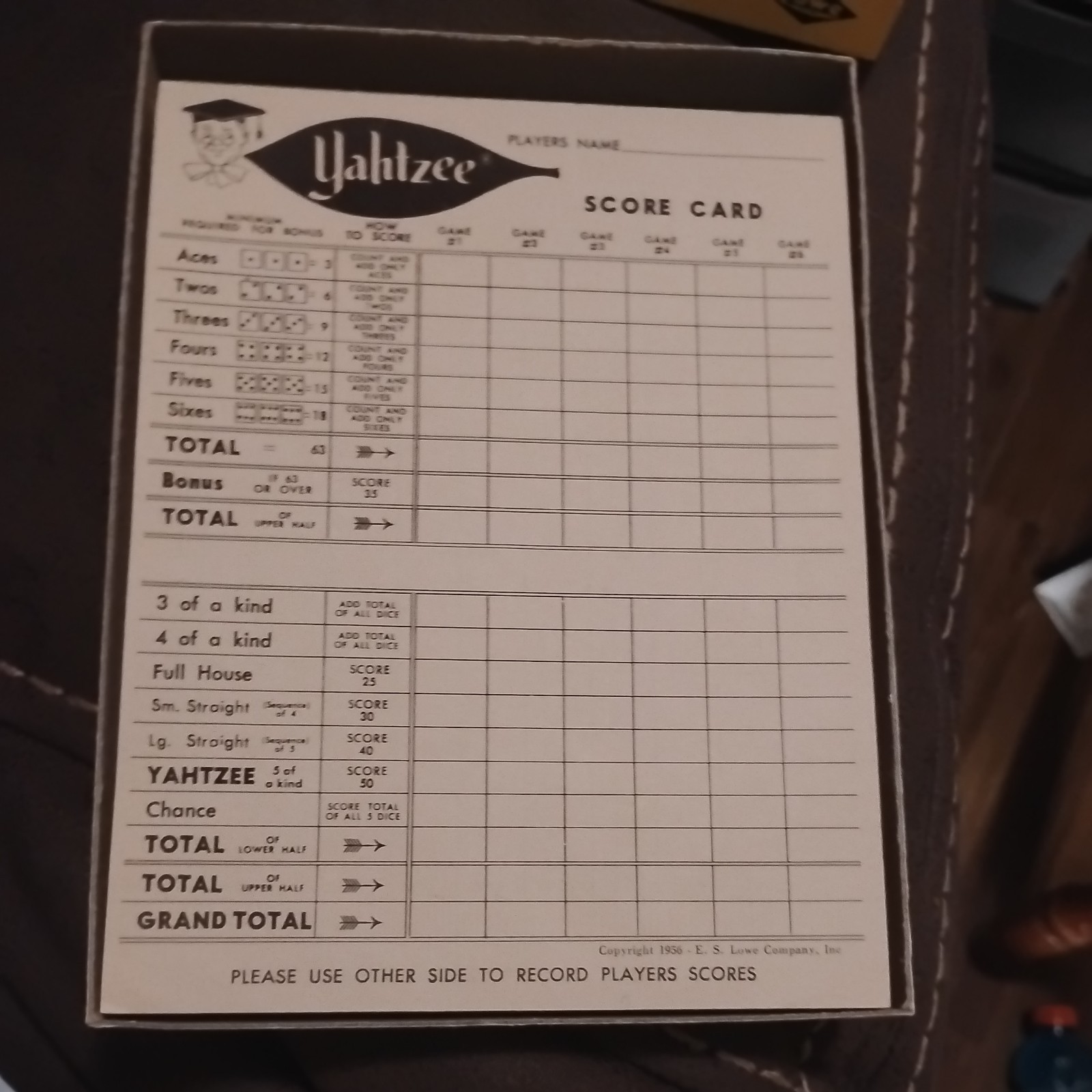 VTG Vintage 1950’s-60’s Yahtzee – Score Pads (4) – in Original Box E.S. Lowe Co