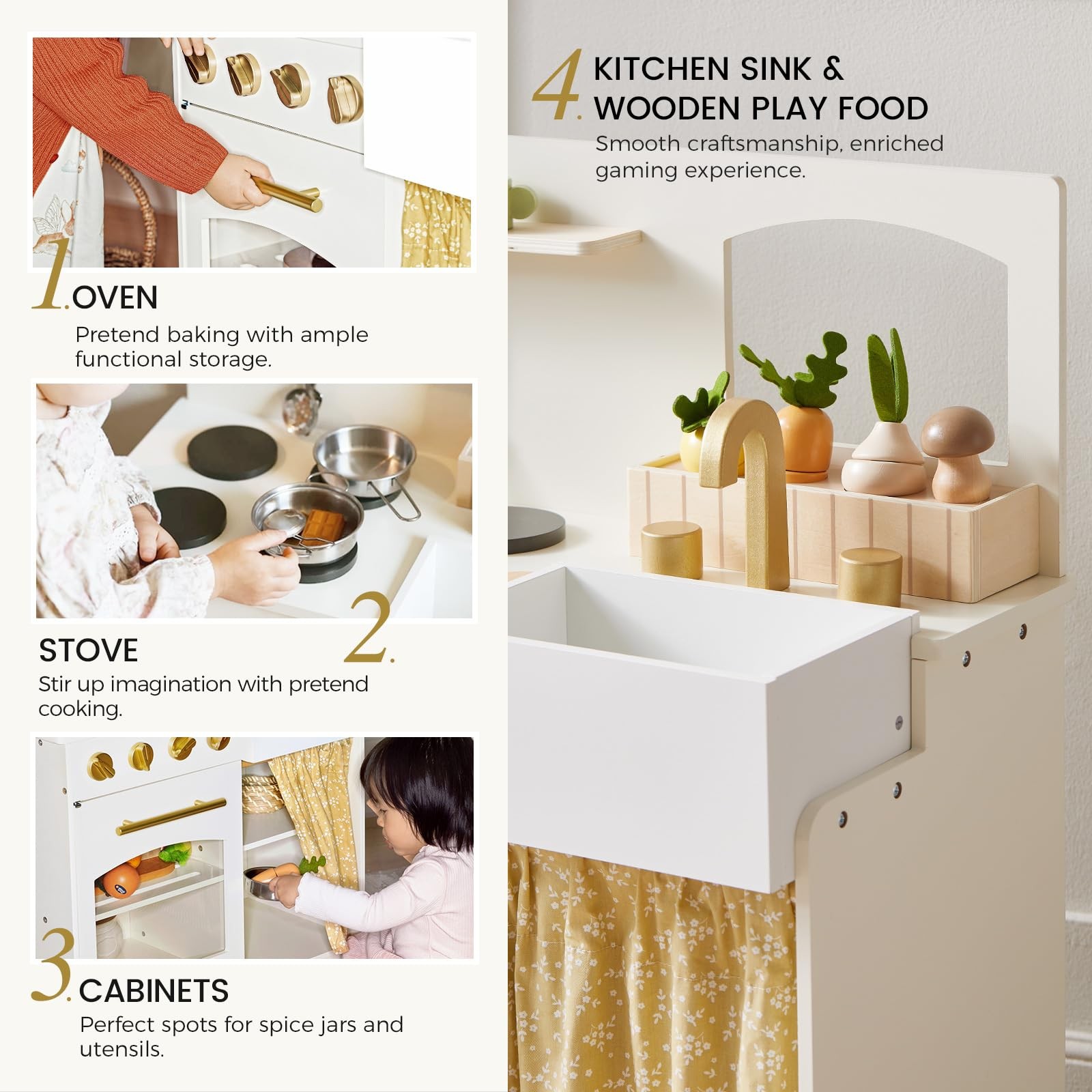 Wooden Play Kitchen Toddlers Compact Cream Pretend Set TLTGPK003WT Tiny Land