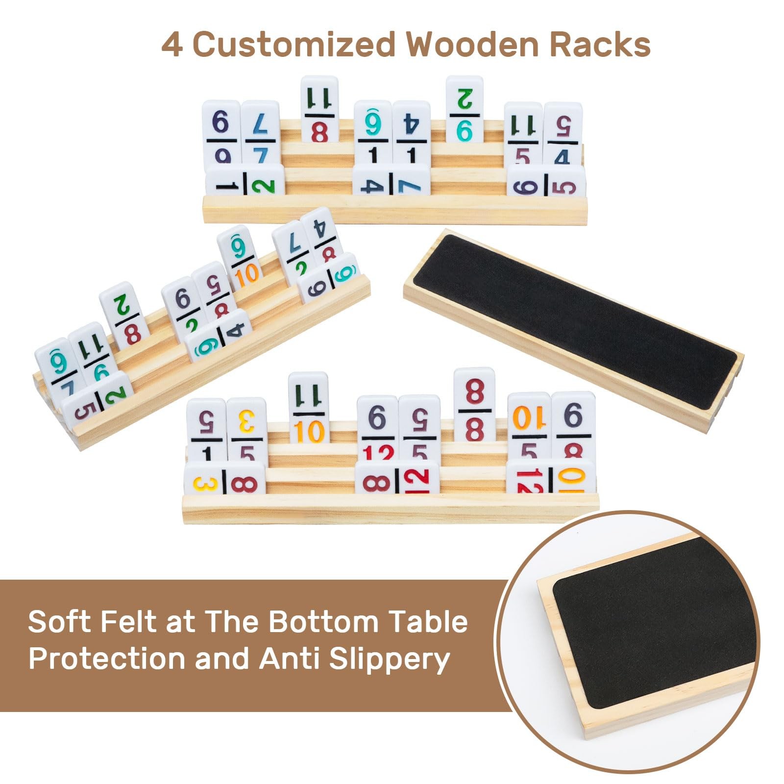 Mexican Train Dominoes Set with Numbers and 4 Wooden Trays/Racks, Double 12 Domi