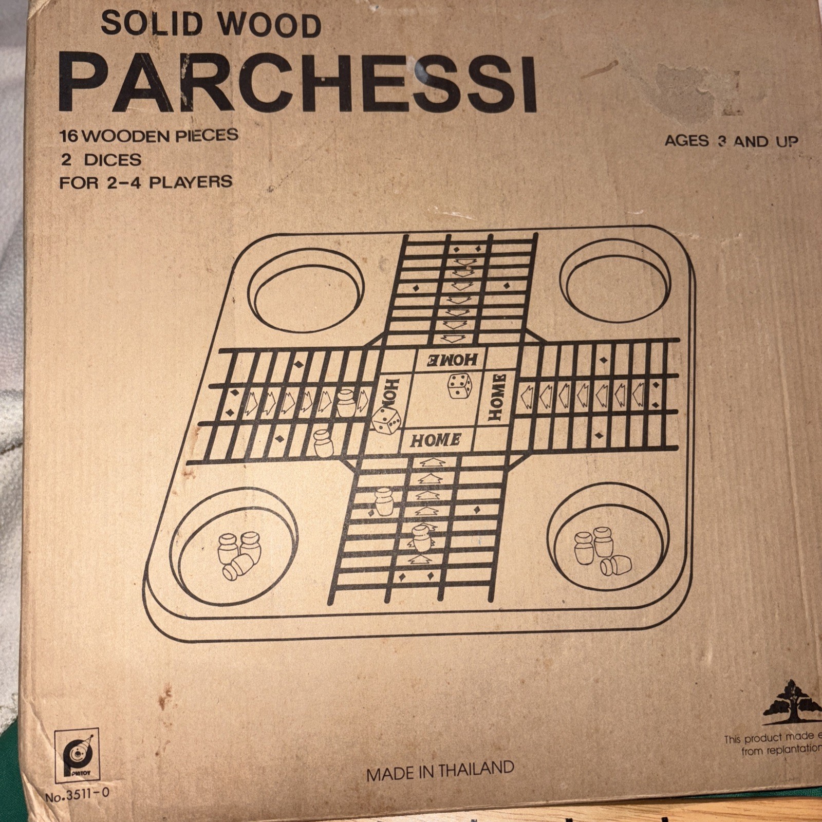 Parchessi Solid Wood Board Game 13” Made In Thailand Complete Vintage