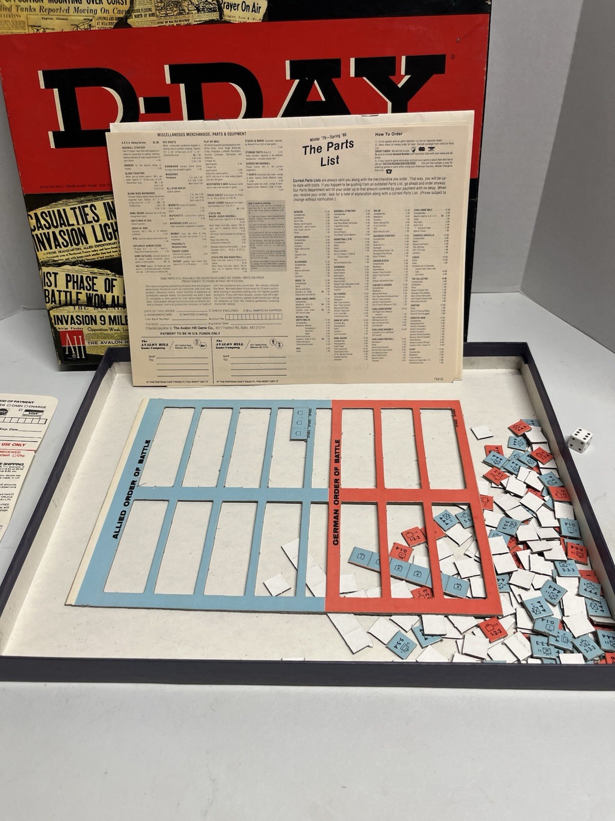 D-Day: World War II Invasion Board Wargame By Avalon Hill. Scorecards Unmarked