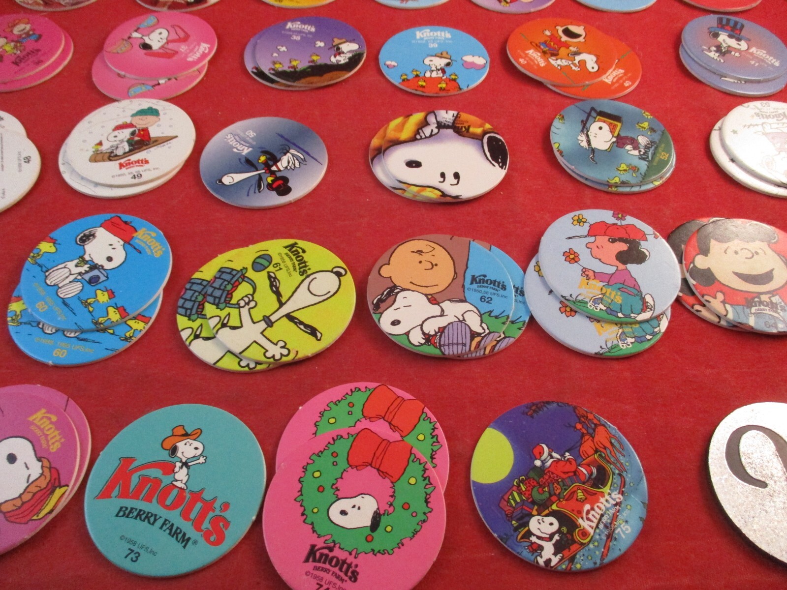 Set of 75 Knott’s Berry Farm Pog Rides & Peanuts Charlie Brown Snoopy w/Slammers