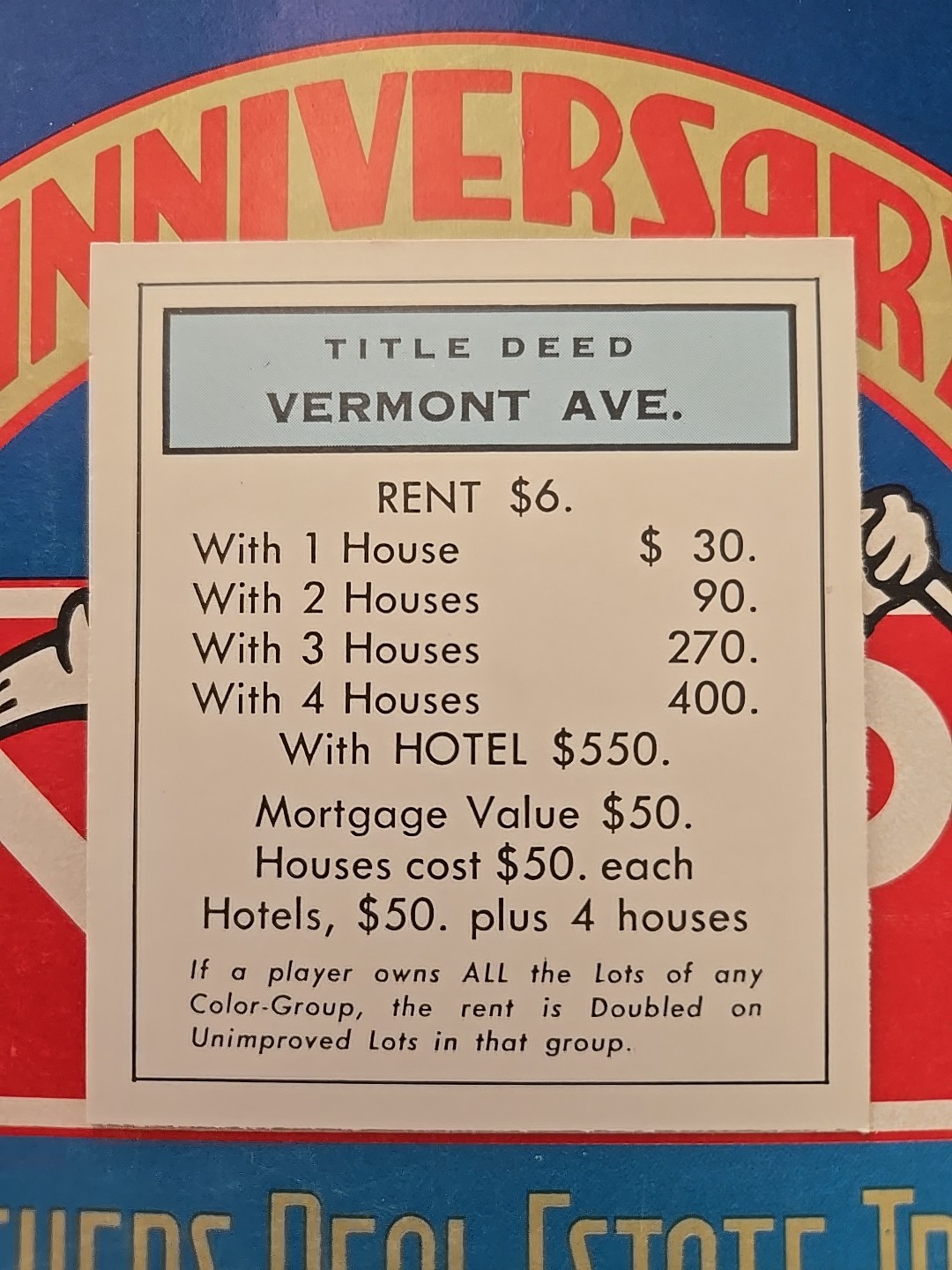 1985 Vintage Monopoly Vermont Ave Light Blue Title Deed Card Game Piece Part
