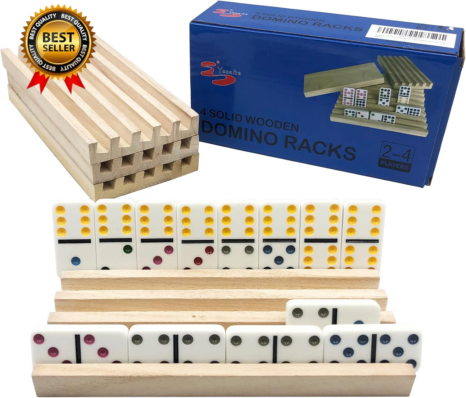 Domino Holder Trays Rack – Set of 4 Wooden Tiles Stand Holders for Mexican Train