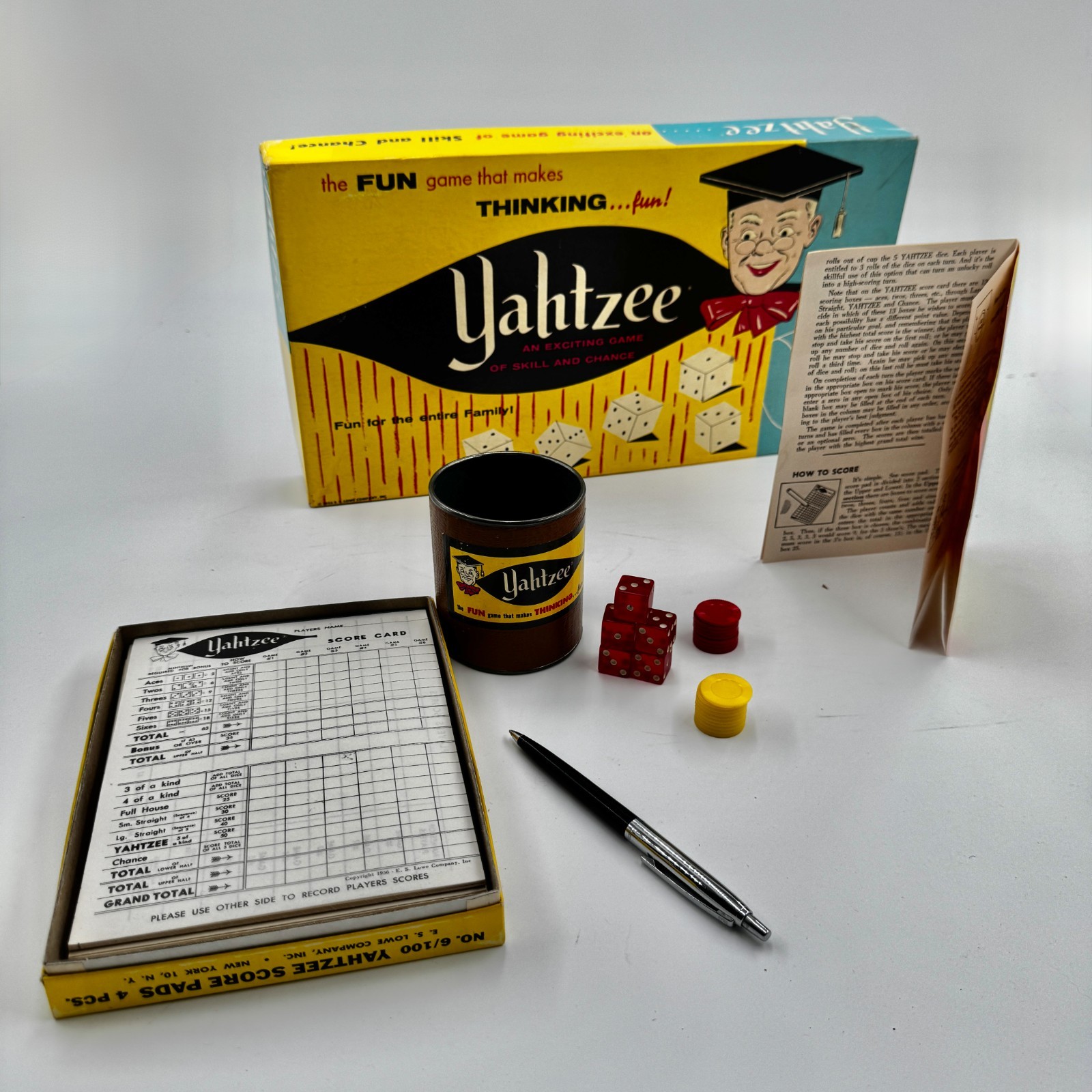 Vintage Yahtzee 1956 Complete Game in Original Box E.S Lowe Co. – Excellent