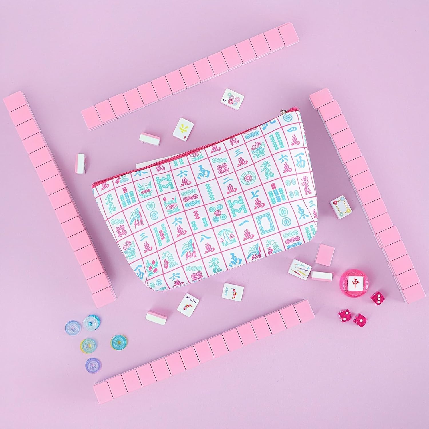 160 Pink Printed American Mahjong Game Set with Carrying Bag and Accessories,
