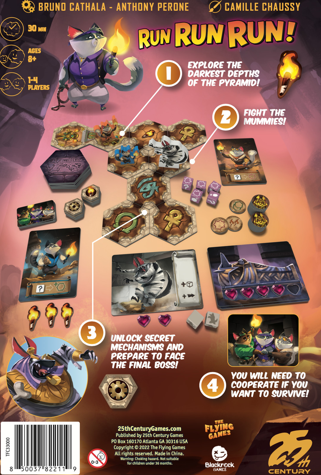 Run Run Run, Cooperative Board Game with Cat Adventurers in a Pyramid, 1 to 4