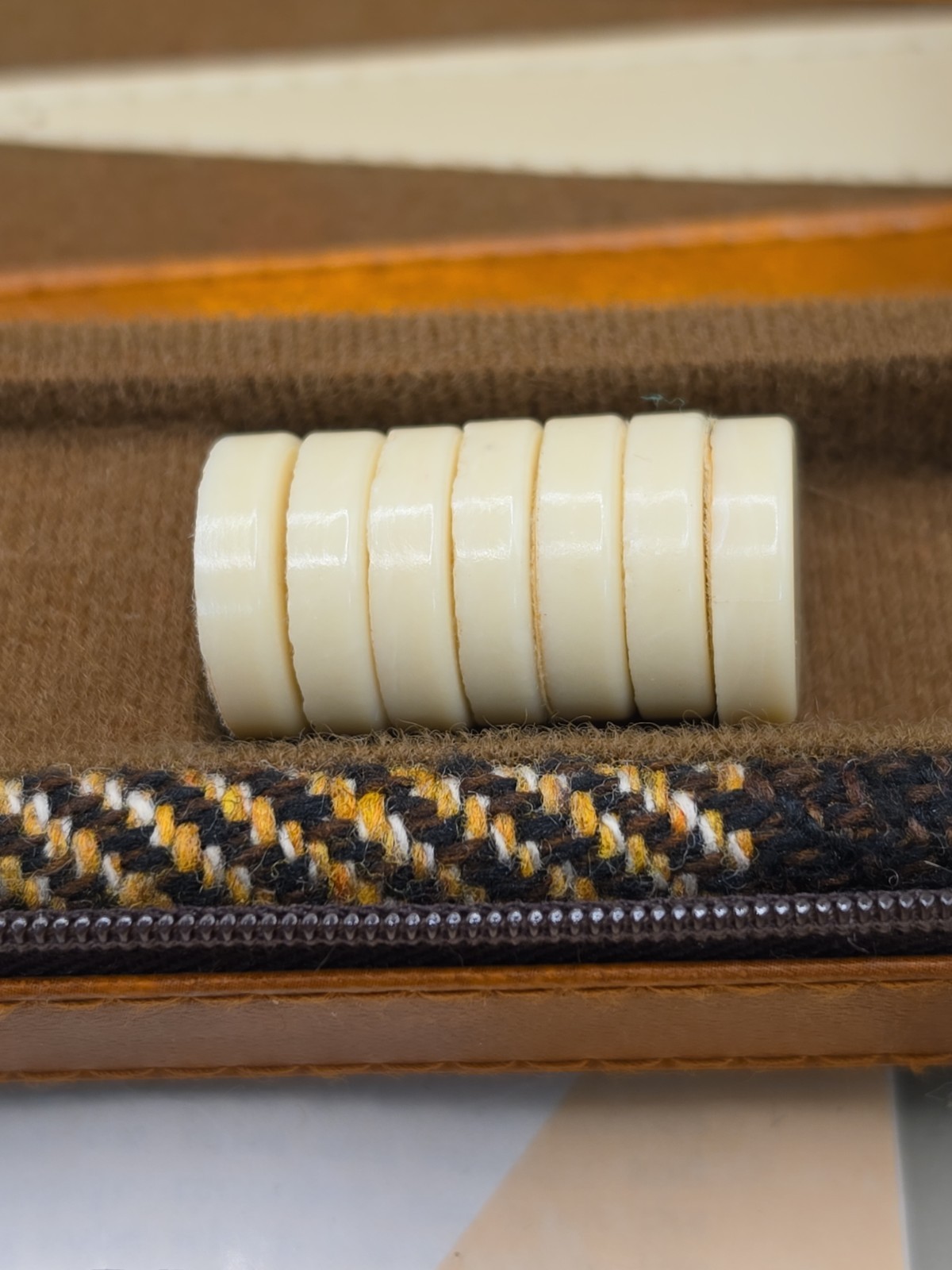 Vintage Backgammon Set Zippered Travel Case Brown Plaid Wool & Leather Complete