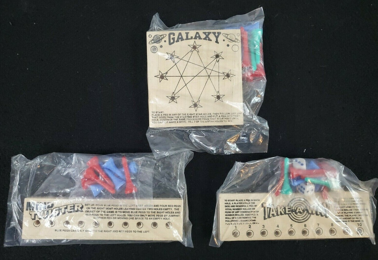 Lot of 3 Wooden Travel Peg Games Galaxy IQ Mind Twister Take-A-Way NEW!
