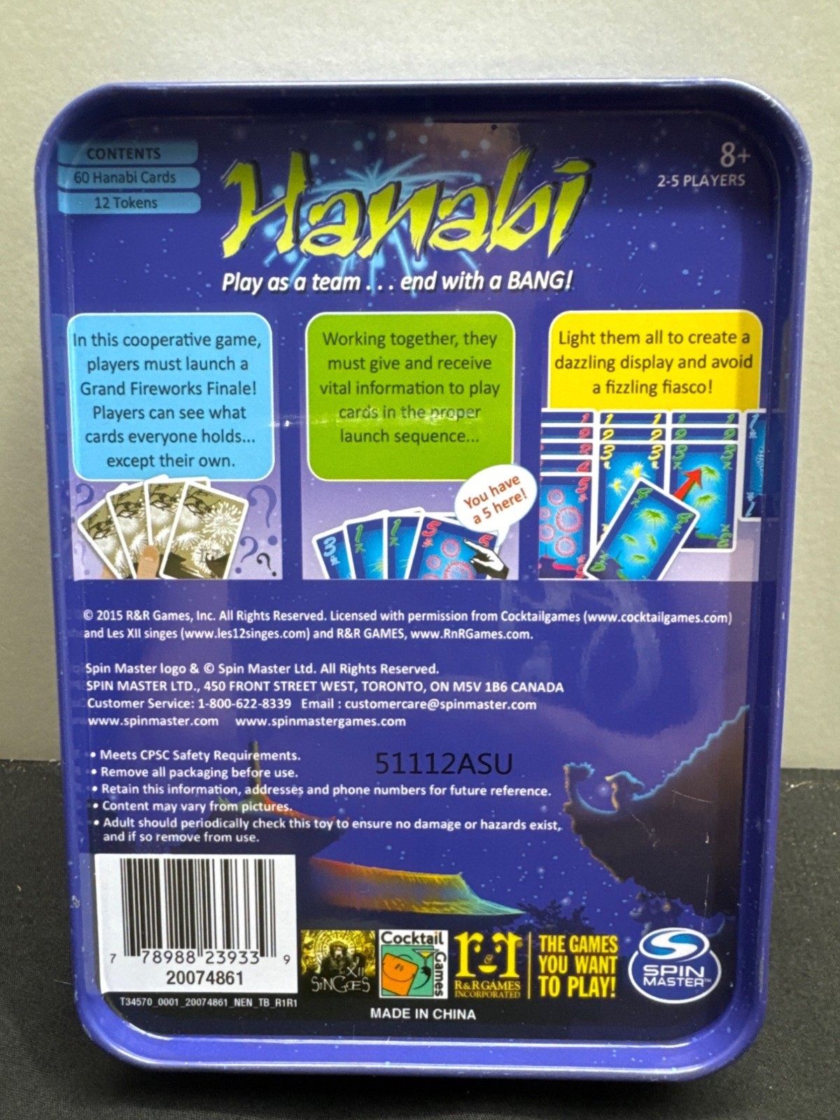 R&R Games Hanabi Fireworks Card Game Tin Travel Game Complete Excellent Light Sc
