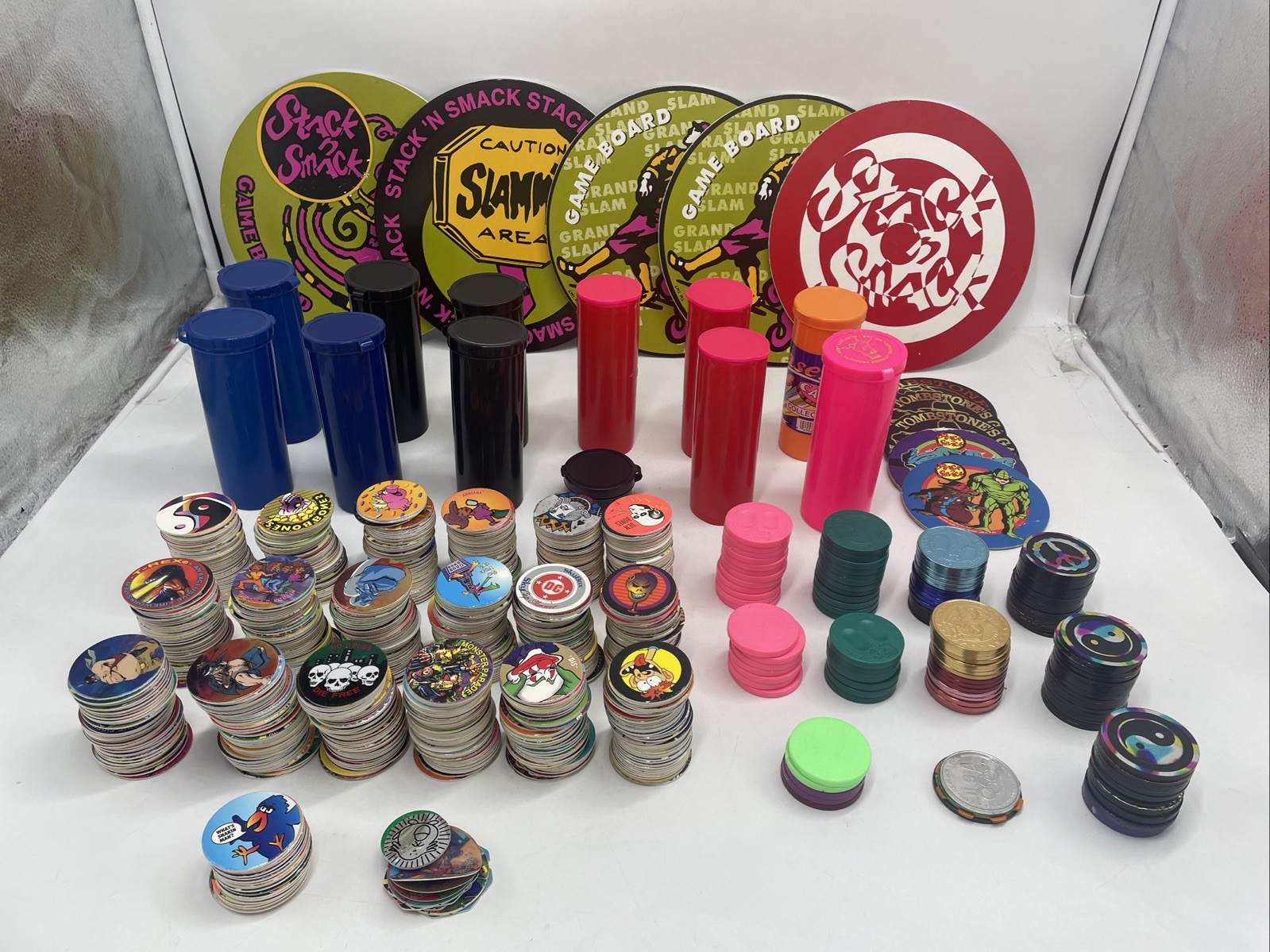 Large POGS Lot (825+ Milk Caps, 130+ Slammers, 10 Game Pads, 13 Tubes)