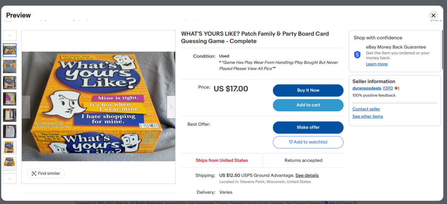 WHAT’S YOURS LIKE? Patch Family & Party Board Card Guessing Game – Complete