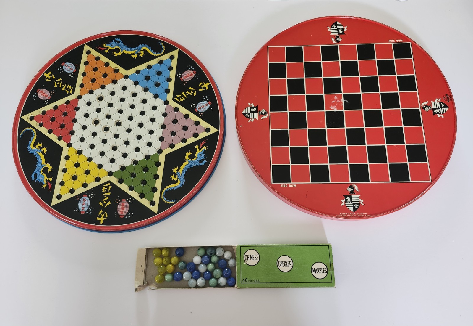 OHIO ART VINTAGE CHINESE CHECKERS LITHO TIN METAL DRAGON GAME – 34 MARBLES