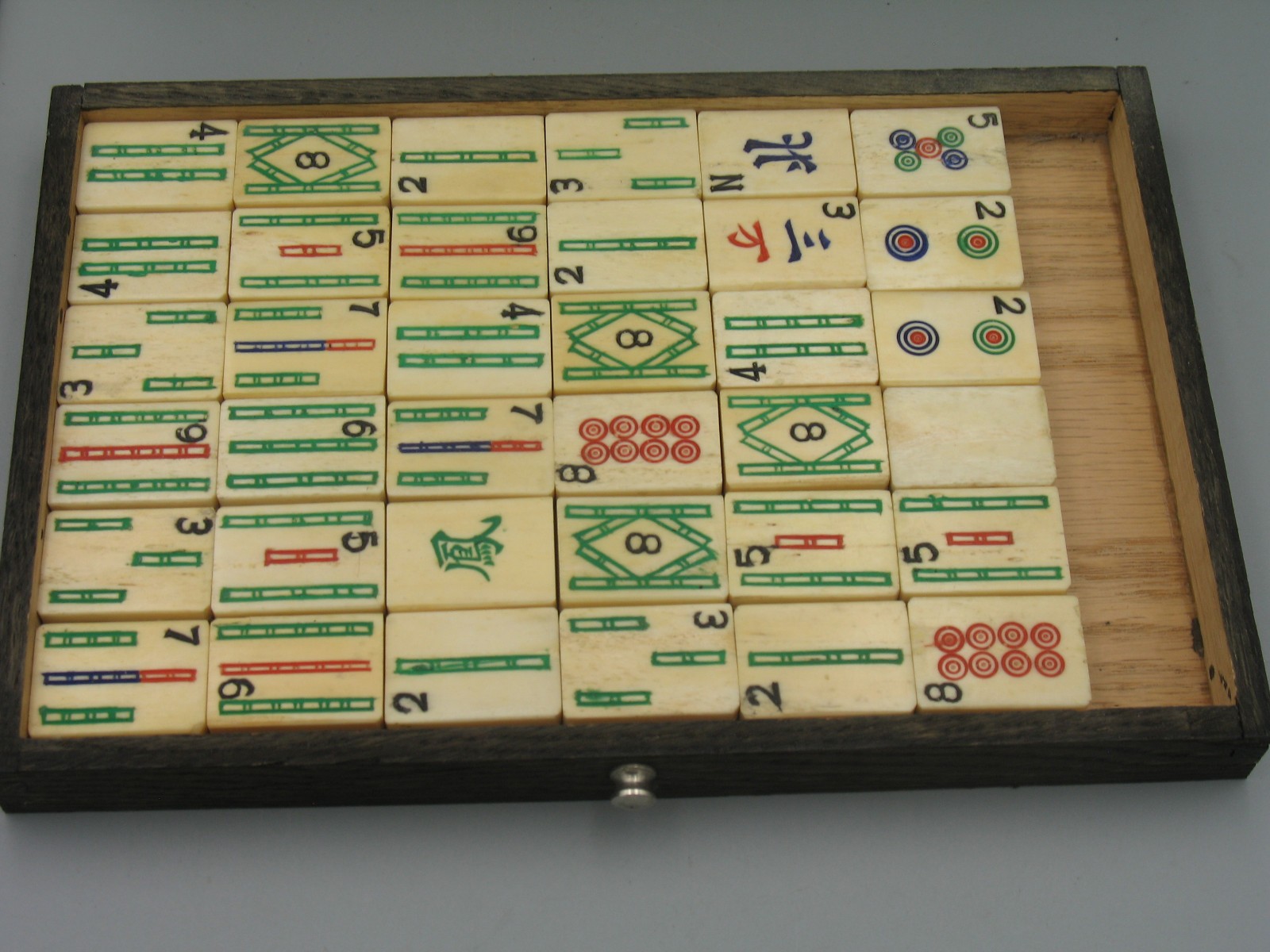 Antique Chinese Mahjong 4 Drawer Wood Box Set Bamboo Bone with Tile Holders