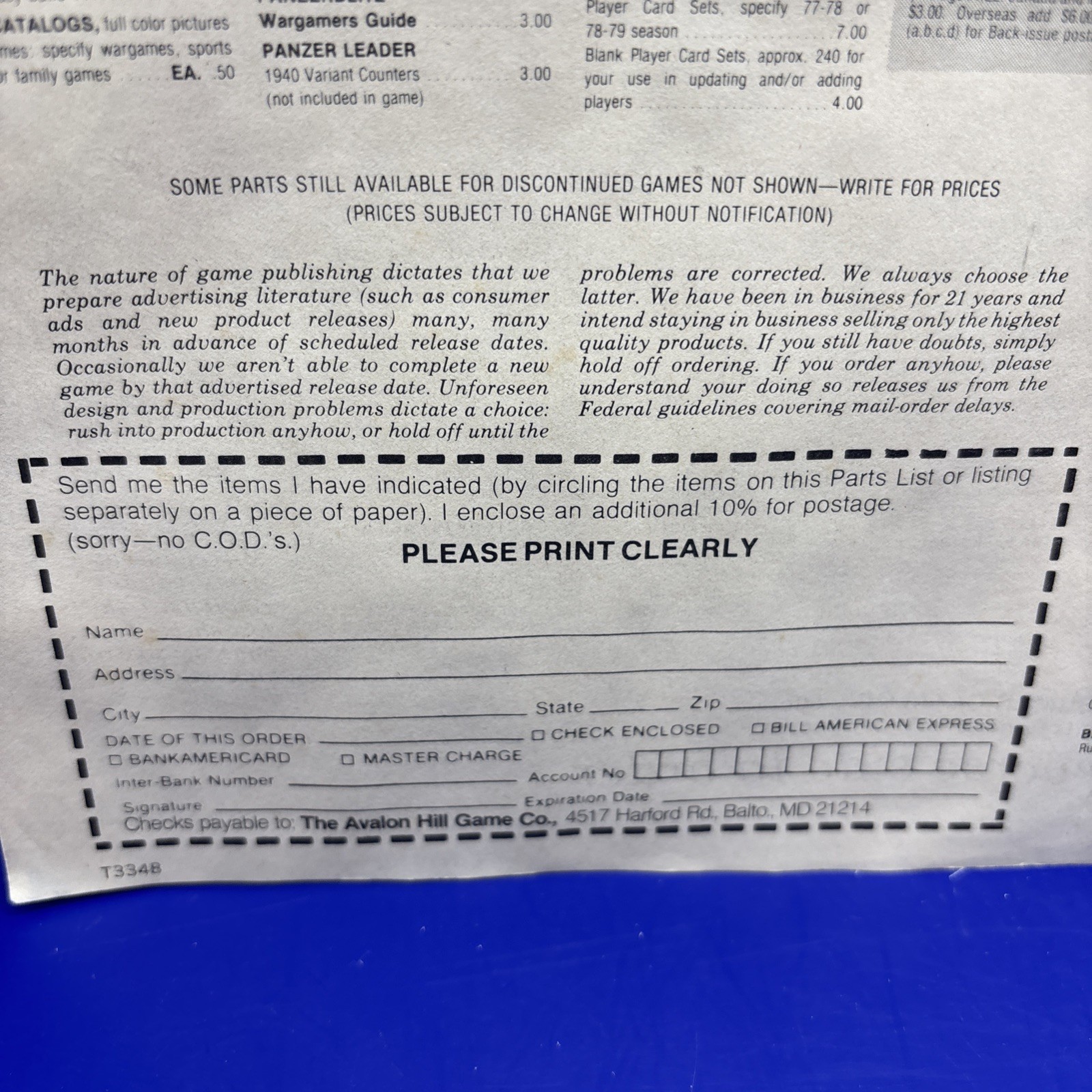 The Avalon Hill Game Company Fall-Xmas 1979 Original Parts List Order Form