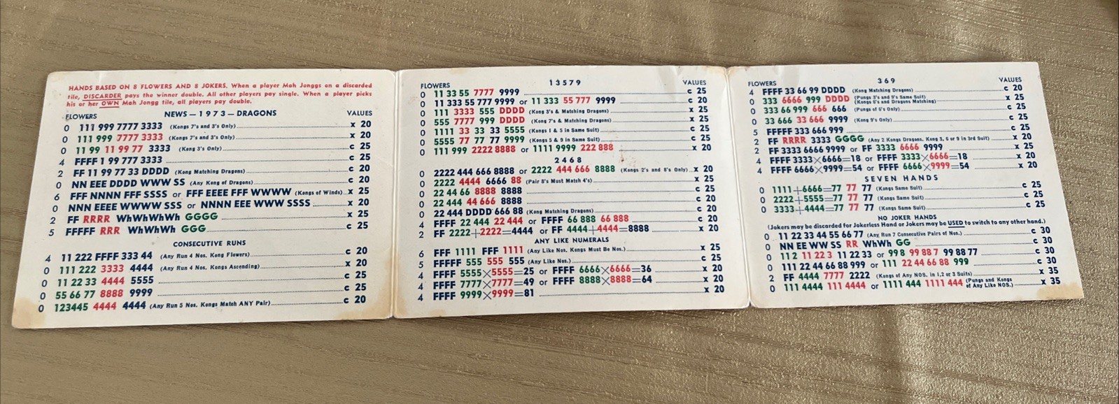 National Mah Jongg League 1973-74 Official Hands & Rules Card