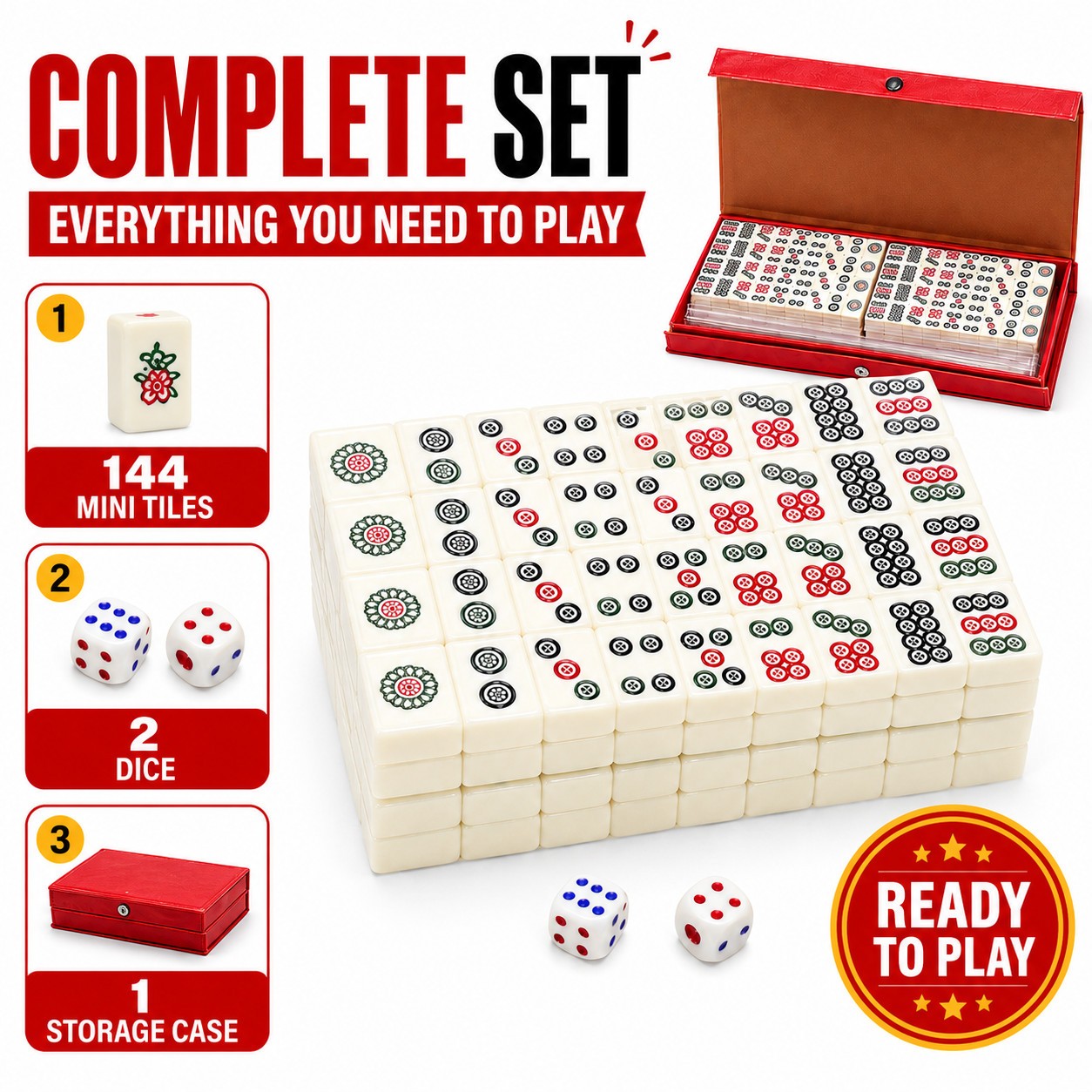 Travel Mini Mahjong Set 144 Tiles 2 Dice Red Carry Case Family Tabletop Game Toy