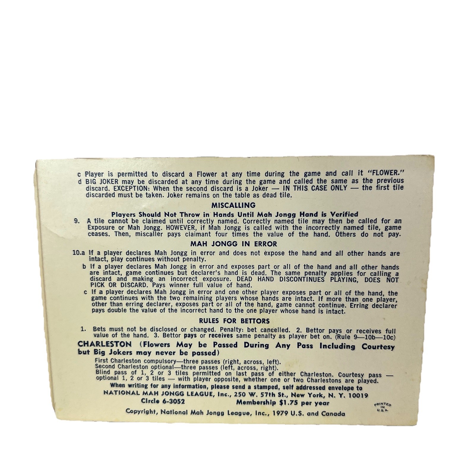 National Mah Jongg League Official Standard Hands And Rules Card 1979-80 42nd