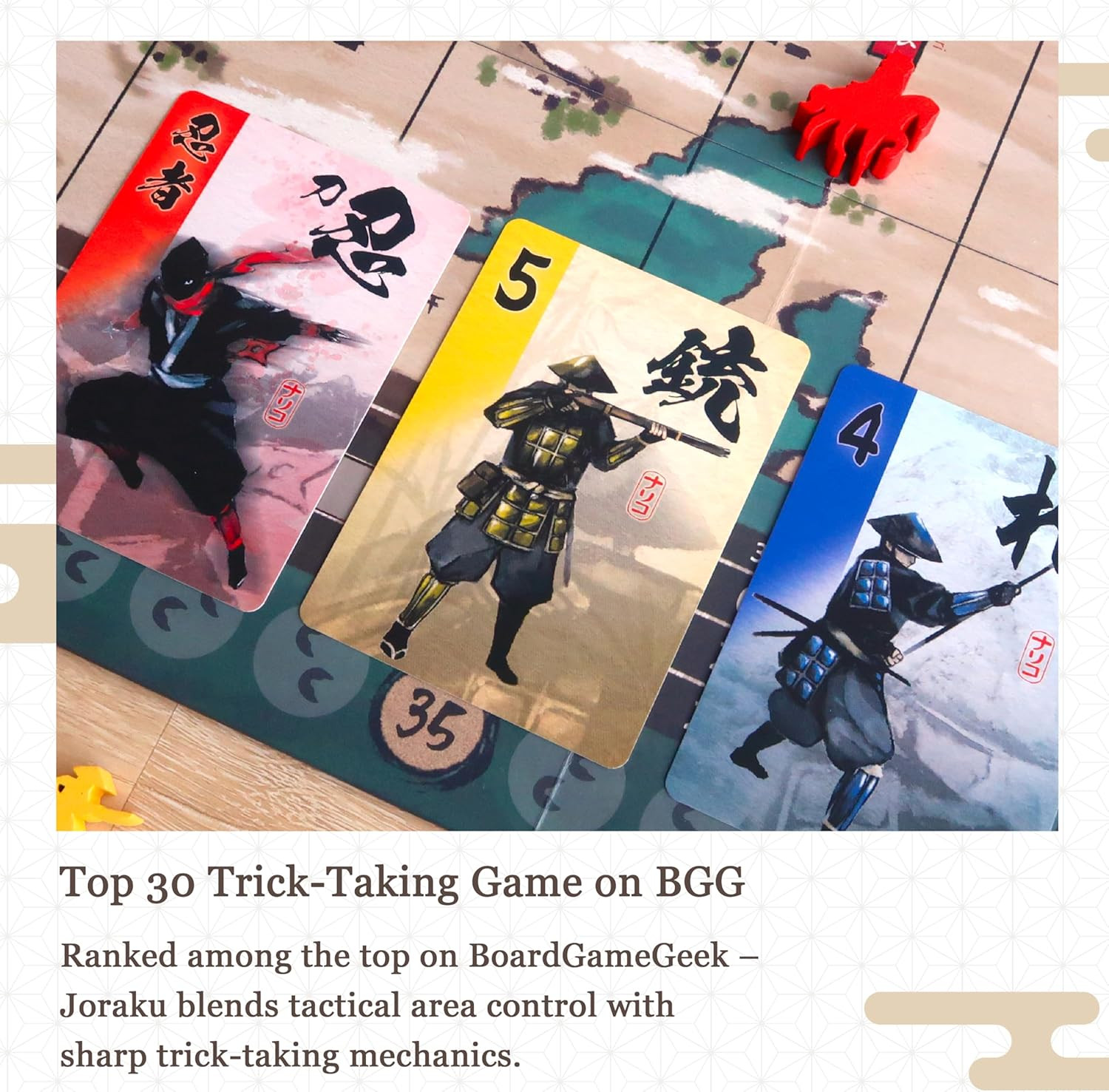 Joraku Deluxe Strategy Board Game, 40 Wooden Samurai Meeples, Area Control and T