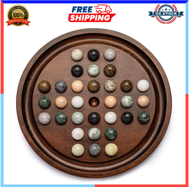 12.6” Wooden Solitaire Board Game Single Player Strategy with Marble Balls Set