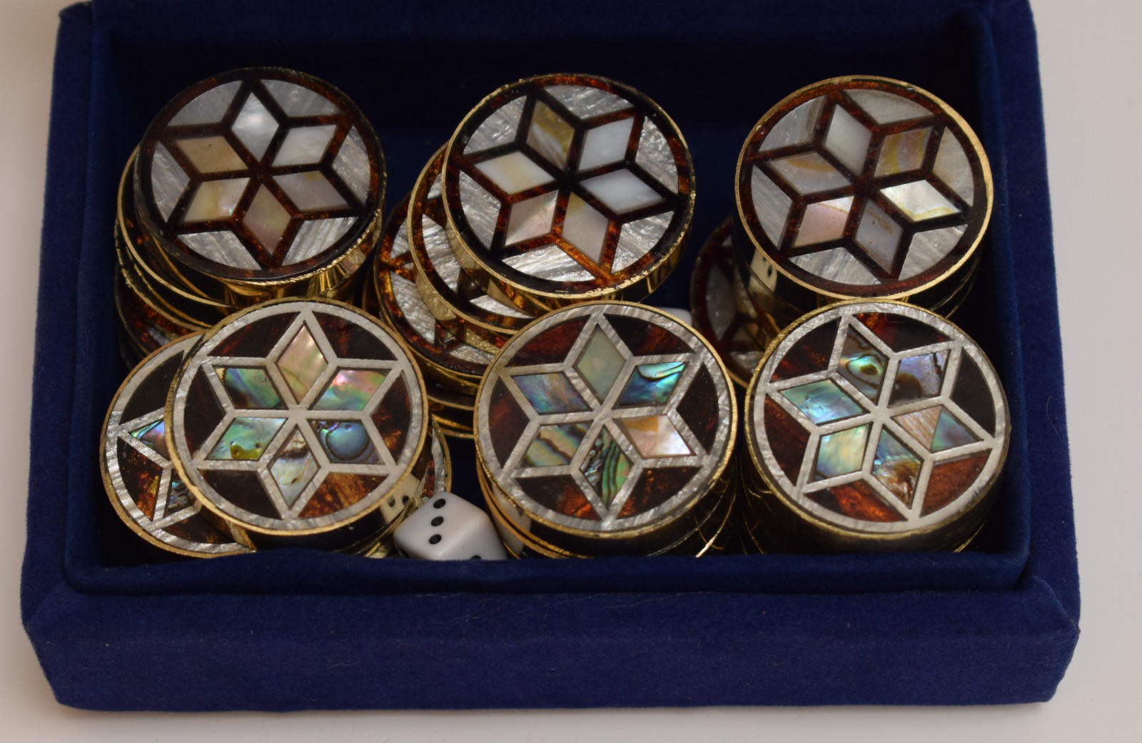 Handmade Mother of Pearl Backgammon Chips – Brass Edge Inlaid Checkers Set