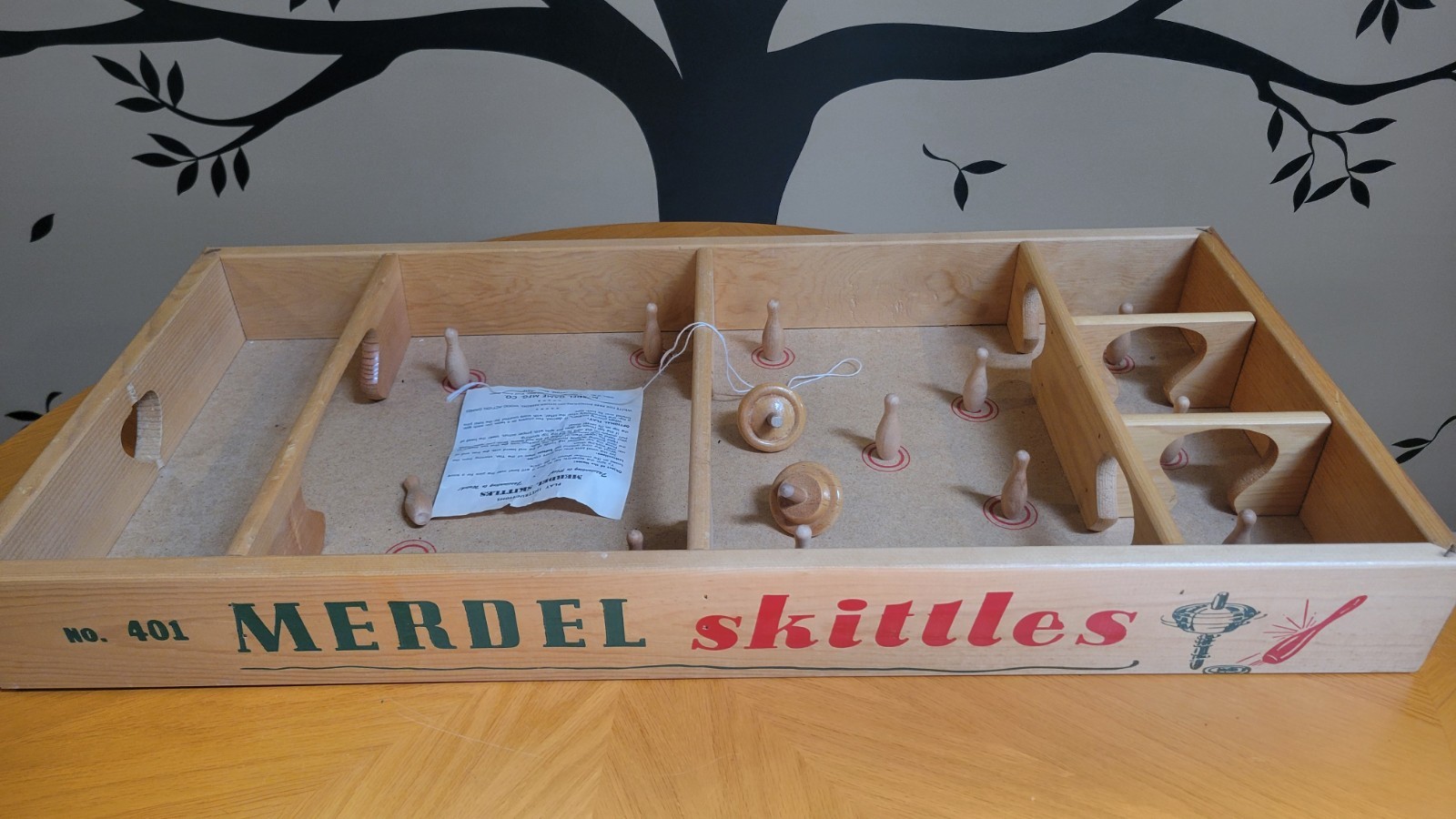Vintage Merdel Skittles No 401 Wooden Bowling Game w/ 10 Pins, 2 Tops directions