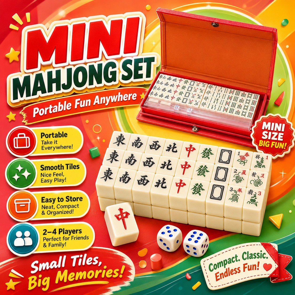 Mini Mahjong Game Set Travel Size Tiles with Storage Case Dice Kids Adults Party