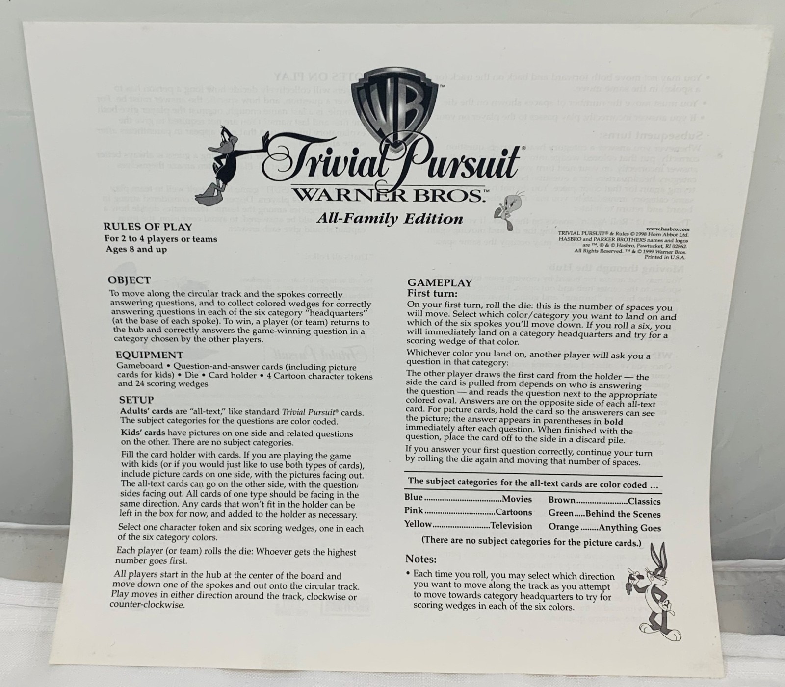 1999 Trivial Pursuit: Warner Bros. All Family Edition Parker Brothers Complete