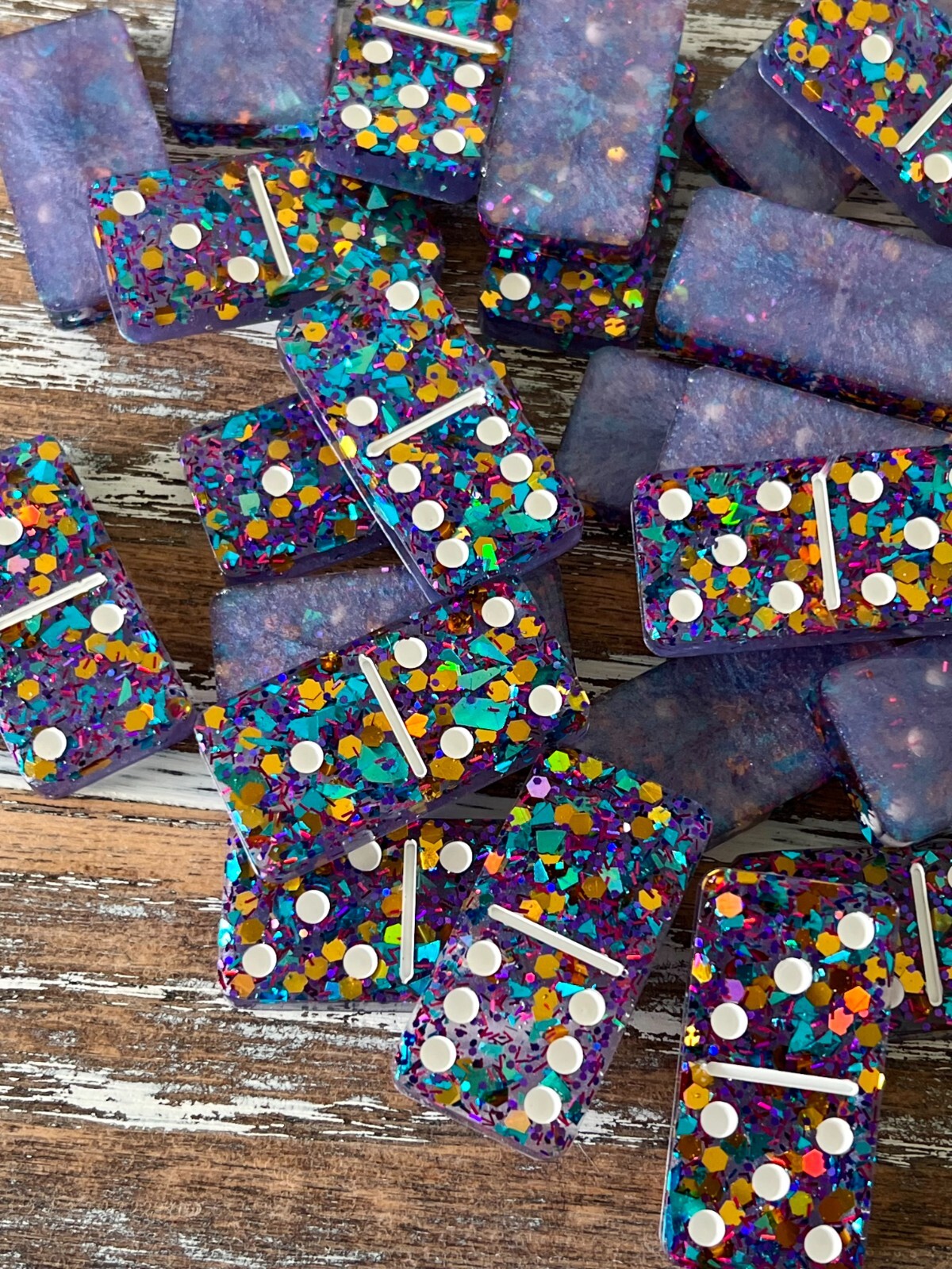 Dazzling Sparkle Glitter Resin Dominoes Game with Velvet Bag 28 pieces Glitter