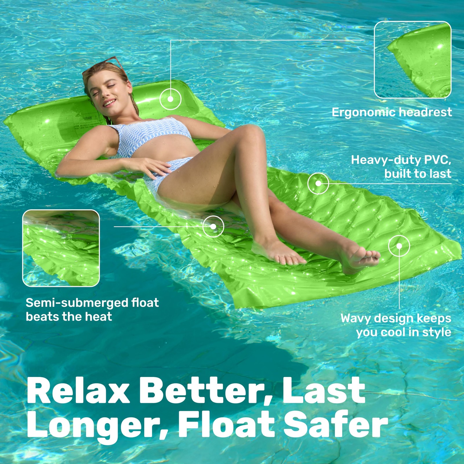 Inflatable Pool Float Raft 64×64 inch Floating Lounge Mattress 2 Pieces Green