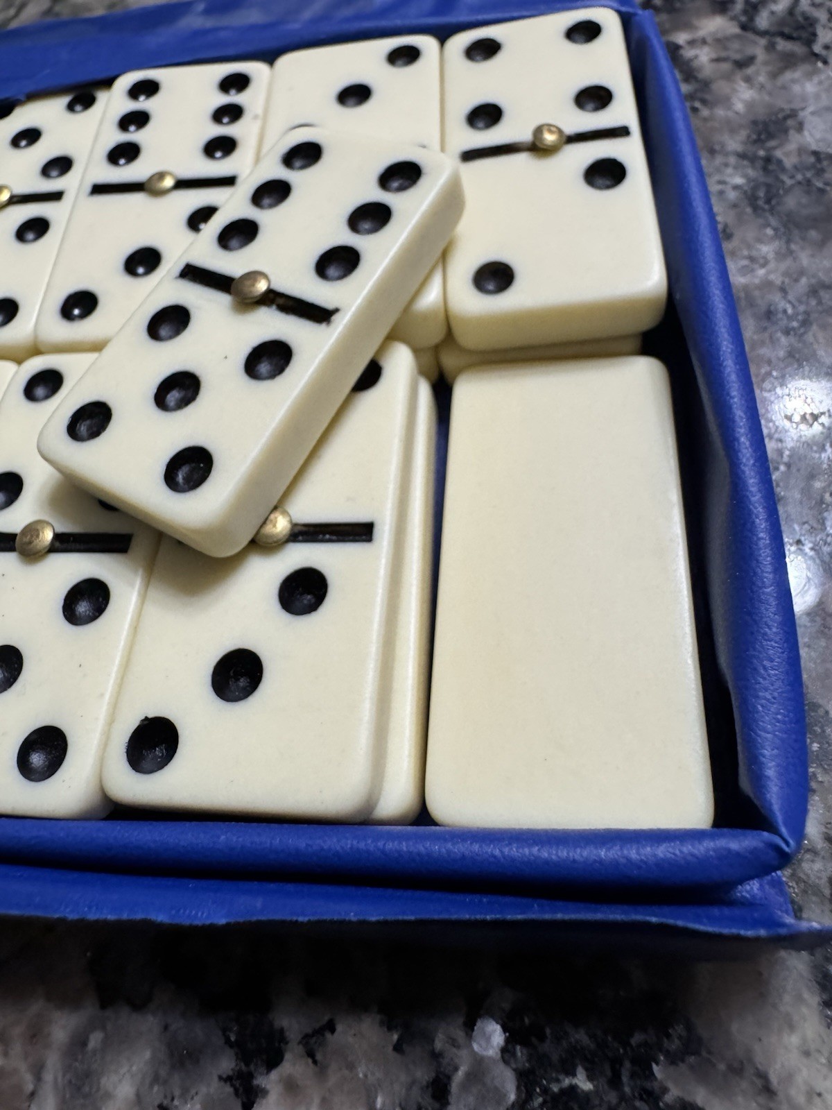 Vintage Supreme Double Six Dominoes – 28 Dominoes in Blue Vinyl Case