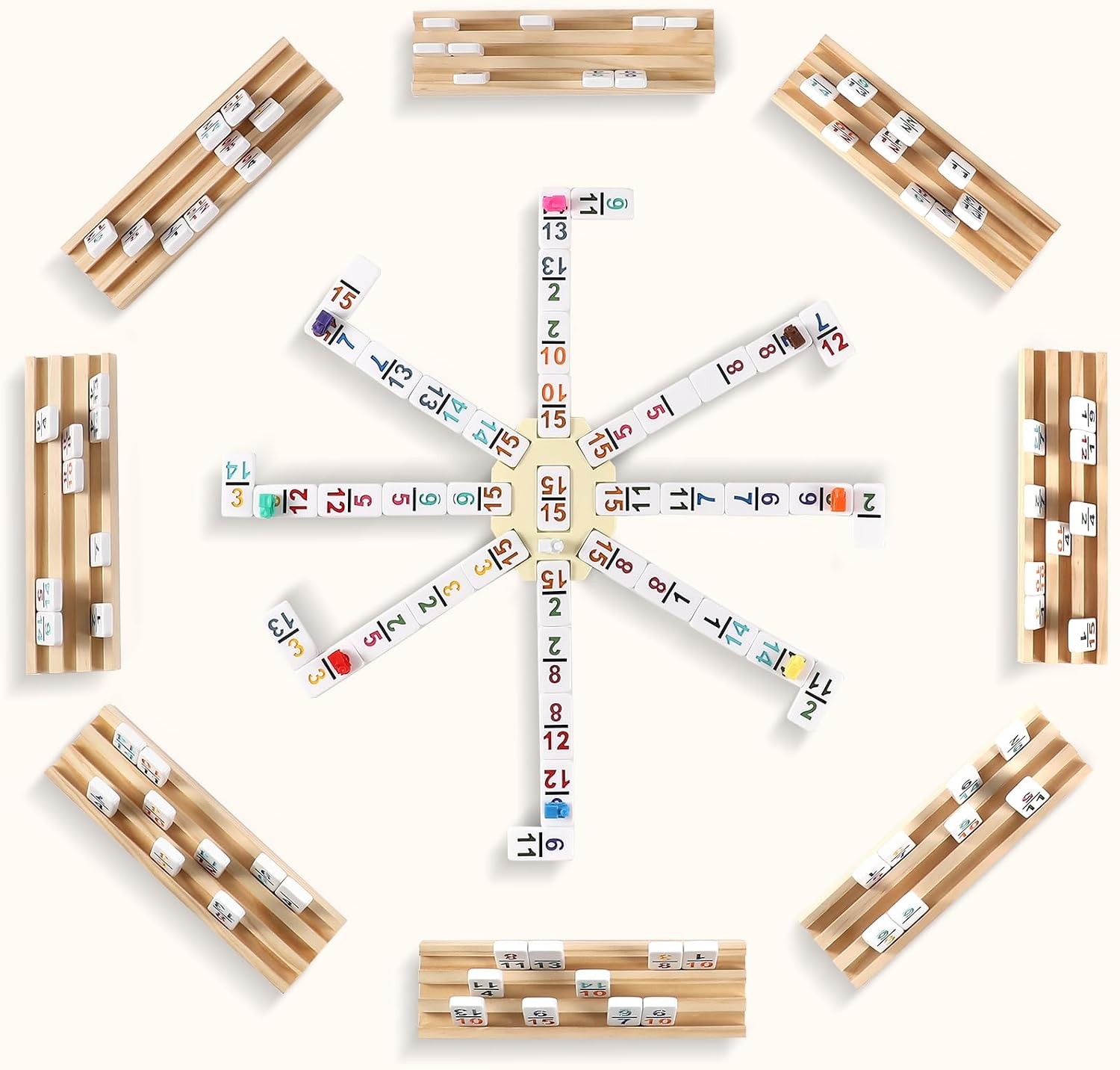 Mexican Train Dominoes Set with Numbers and 8 Wooden Tray/Racks Double 15Dominos