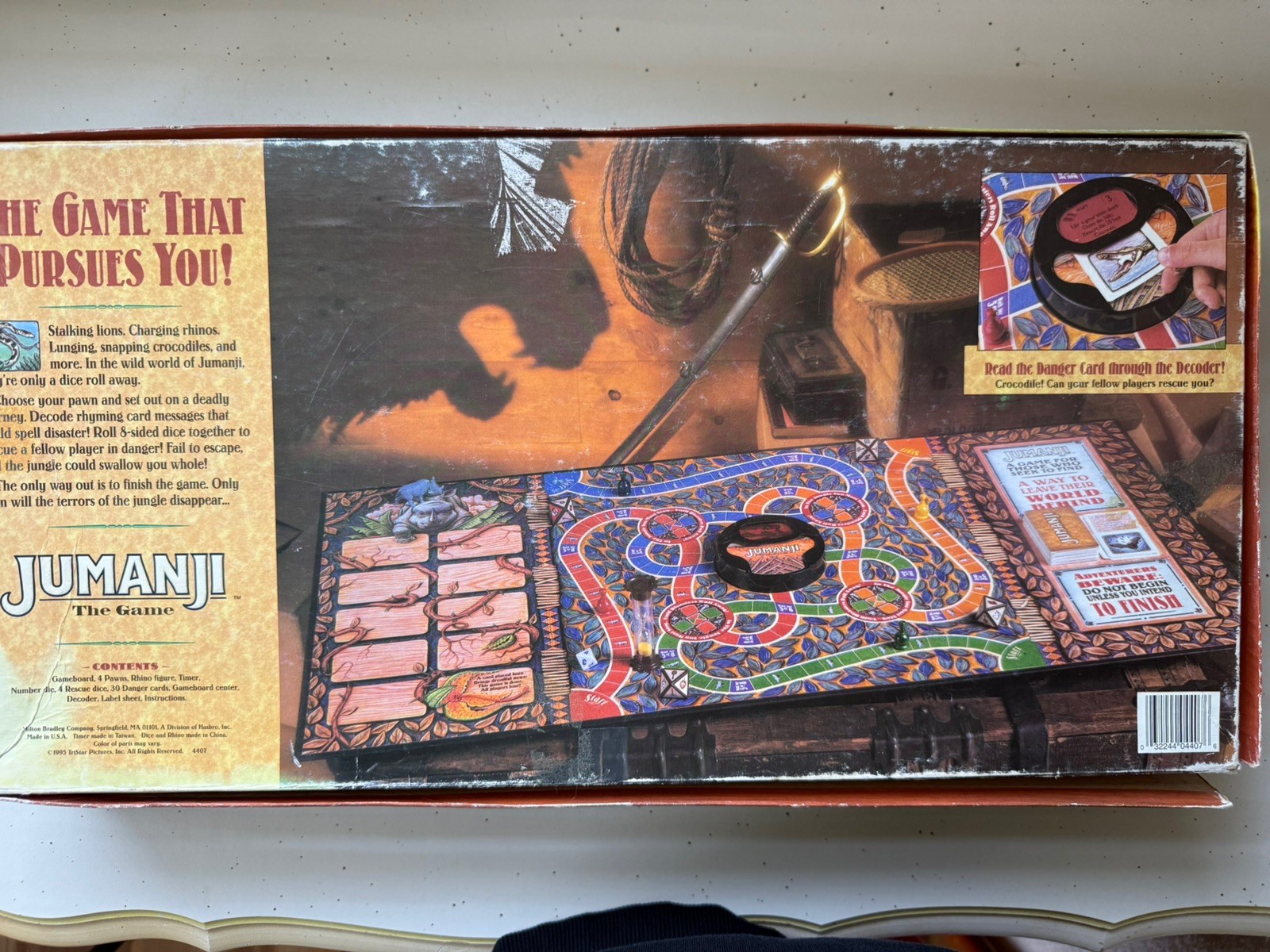 1995 Jumanji Board Game Milton Bradley Complete w Sand Timer Rhino