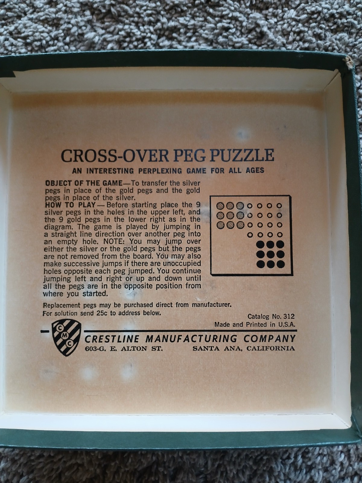 Vintage 1950s Crestline Cross-Over Peg Puzzle Game