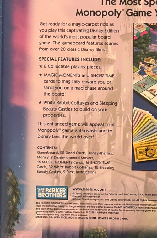 Monopoly The Disney Theme Park Metal Tin Edition 2001 Parker Brothers Complete