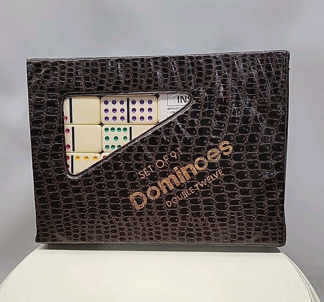Double 12 Dominoes Set Faux Crocodile Case Multicolor Pips + Bonus Tiles 1980s