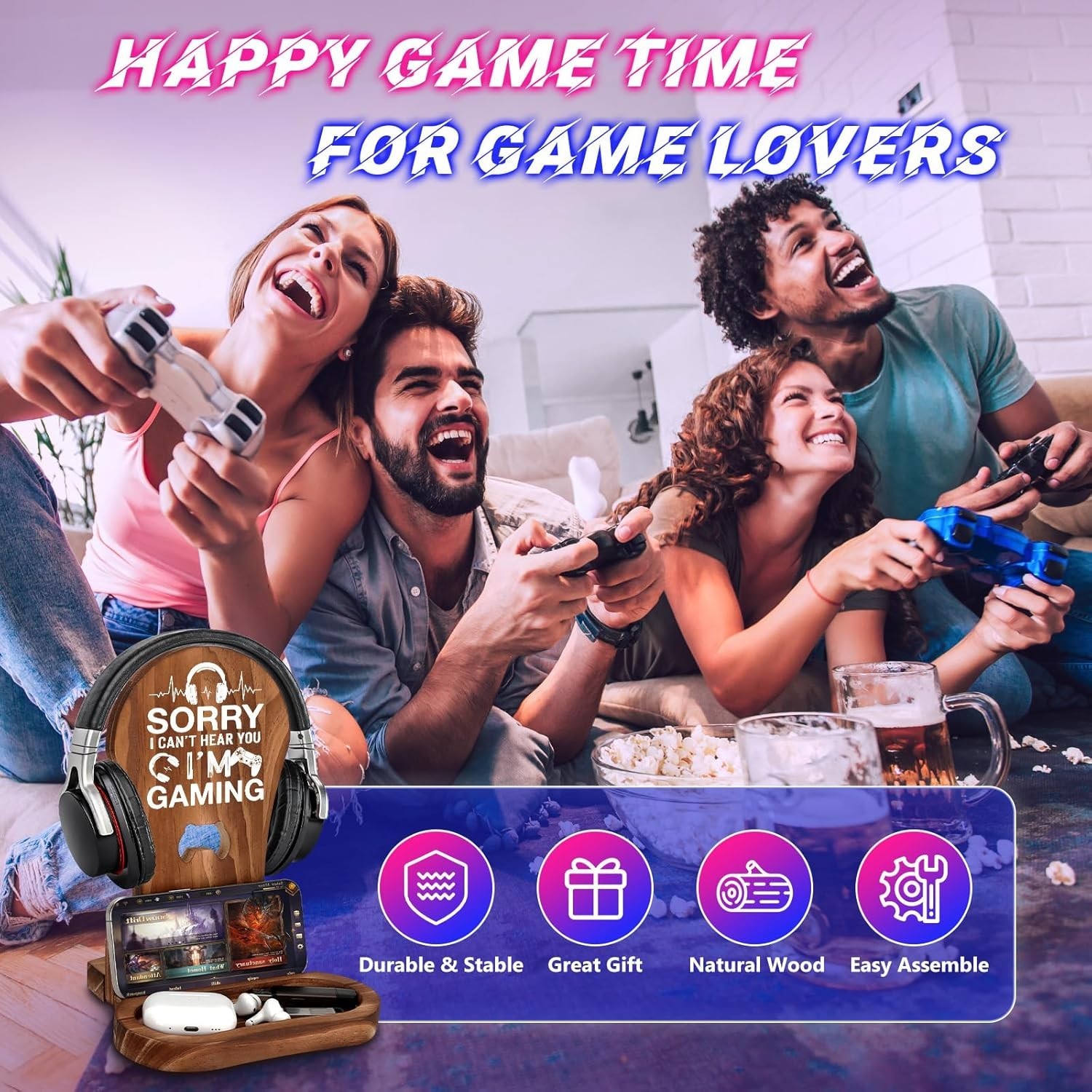 Multi-Functional Gamer Decor – Wooden Headset Stand for All Gaming Setups