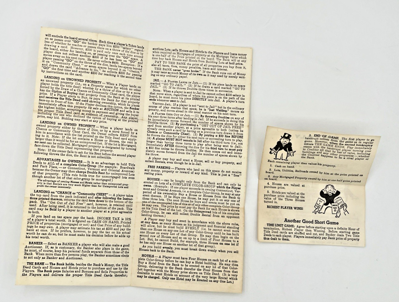 Monopoly Game Instructions Rules Replacement Regular and Short Games 1961