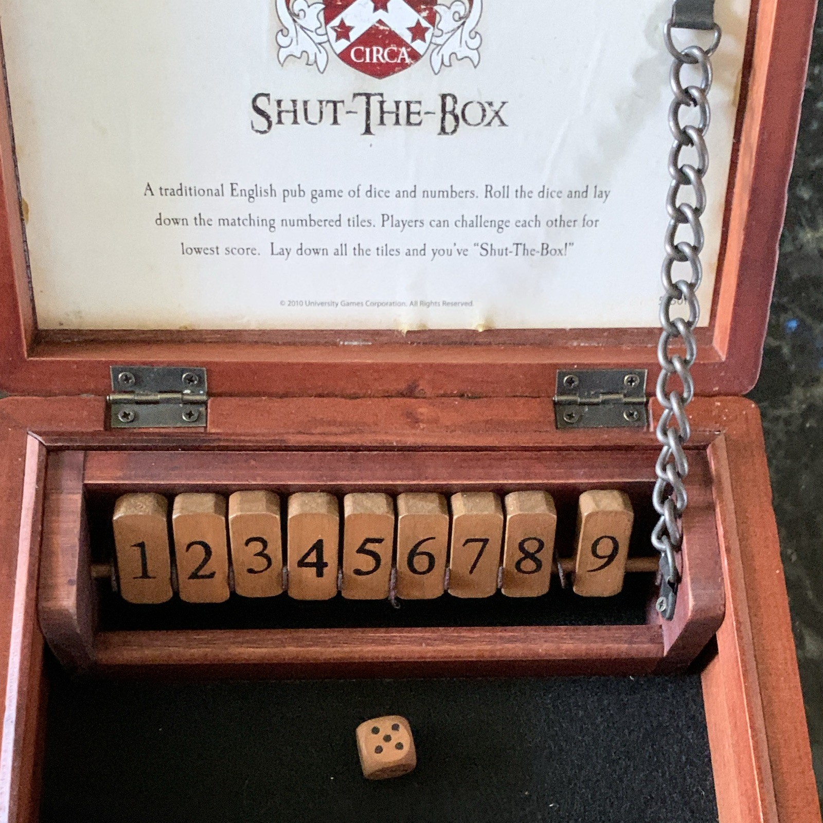 Front Porch Classics Shut-The-Box Dice Game Wooden Case, Portable Pub 2010
