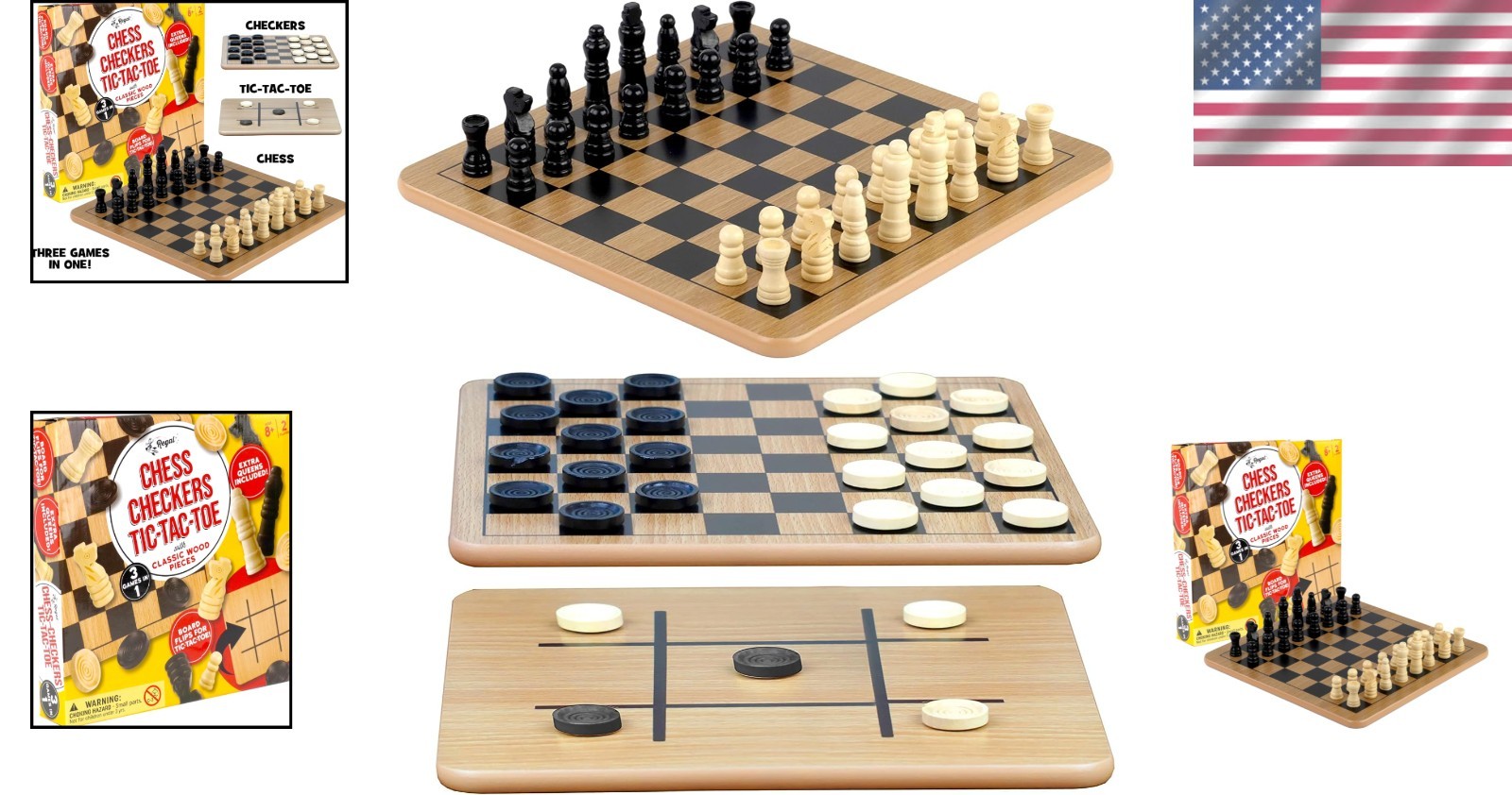 Reversible 3-in-1 Wooden Board for Chess, Checkers & Tic-Tac-Toe – Family Fun