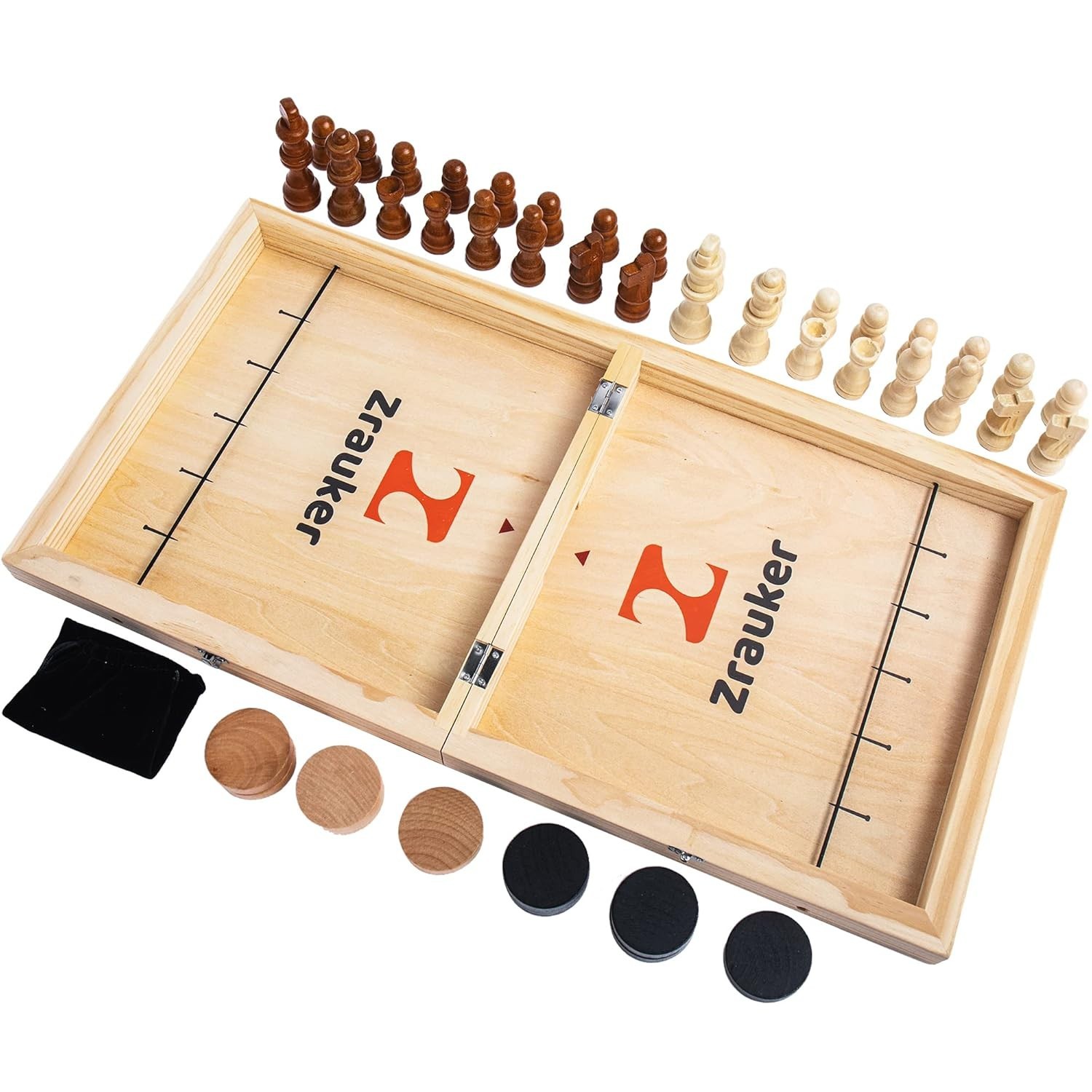 Foldable Wooden Fast Sling Puck & Chess Game. New game with light damage to box