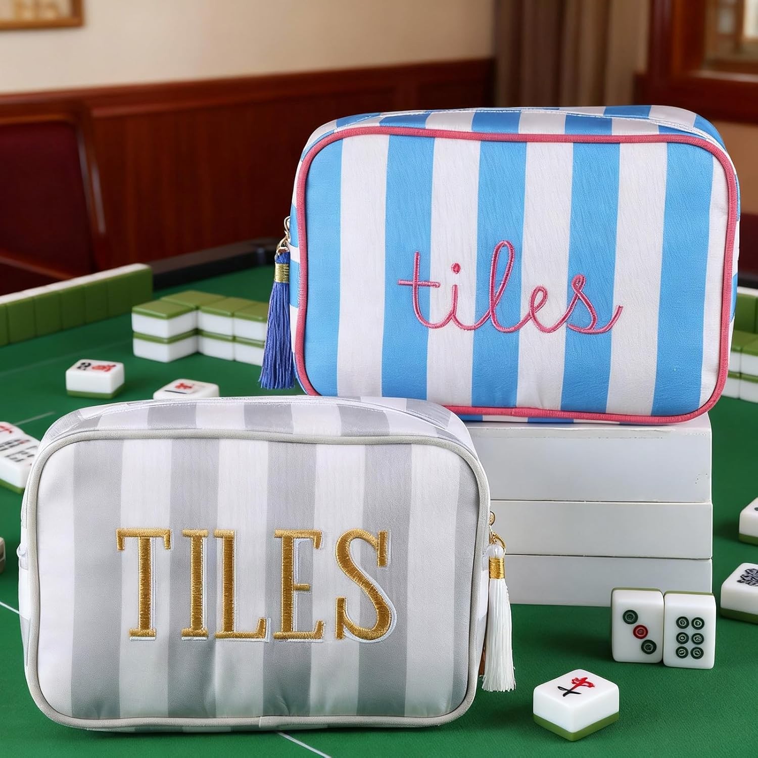Sanwuta Mahjong Tile Bag with Zipper, Striped Embroidered Mahjong Storage Pouch