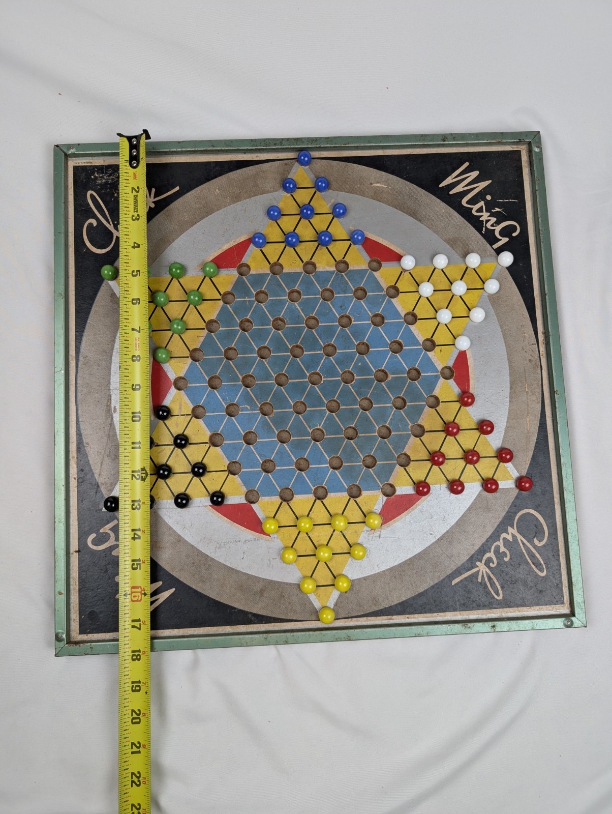 Vintage Chinese Checkers MING CHECK Board Game Reverses To Checkers Metal Frame