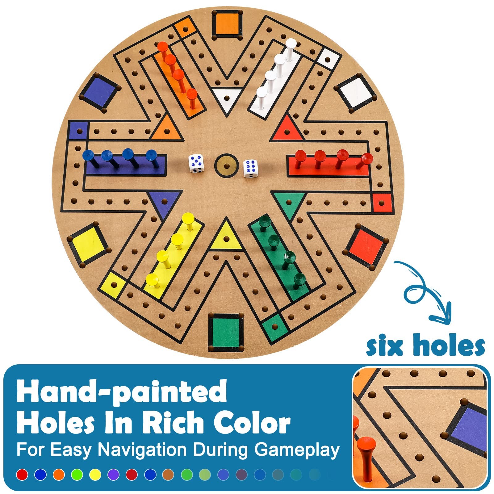 Fast Track Wooden Board Game 3–6 Players 14.2in 24 Pegs 2 Dice Family Game Night