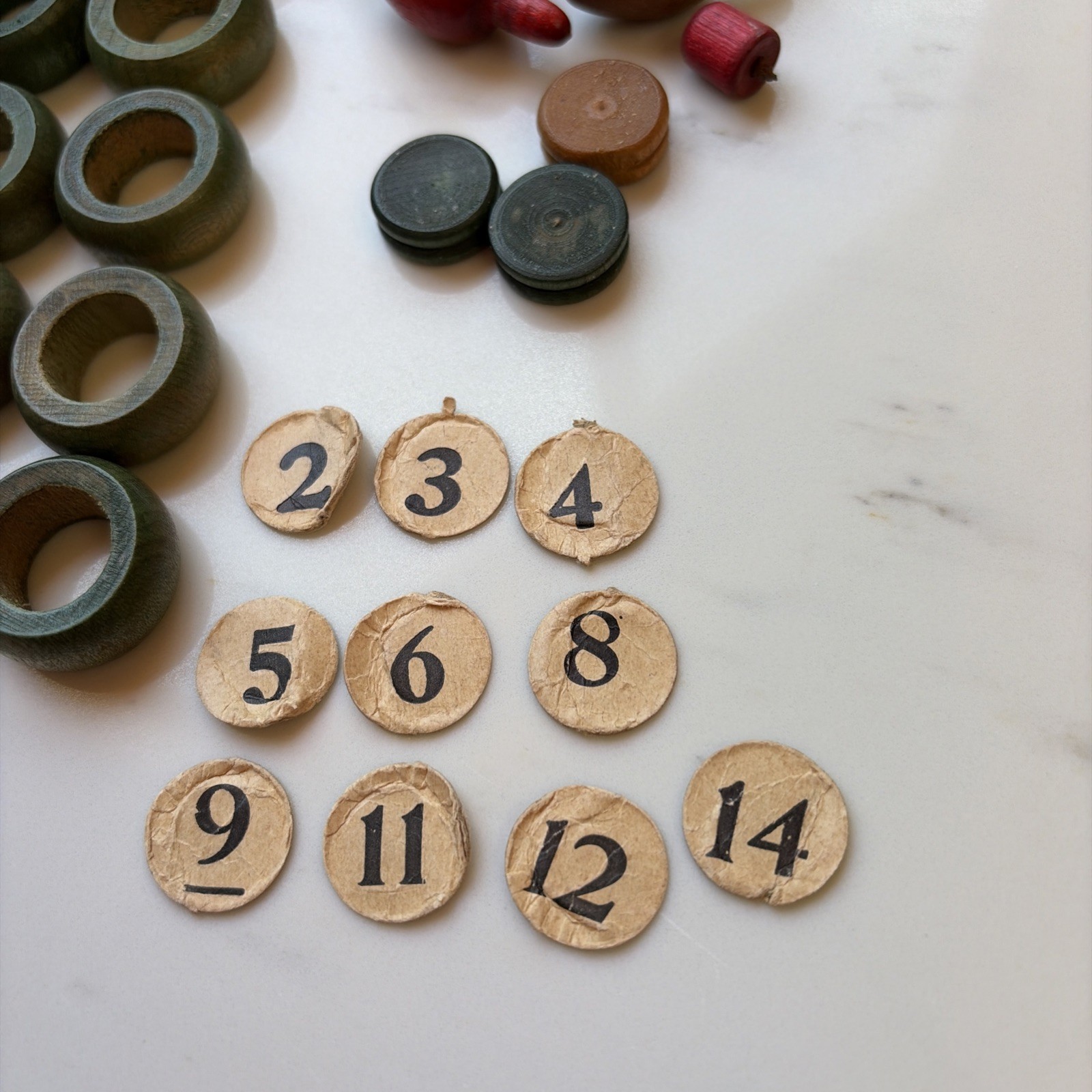 Vintage Wood Carrom Game Pieces, 56 Wood Pieces 10 Paper Numbers