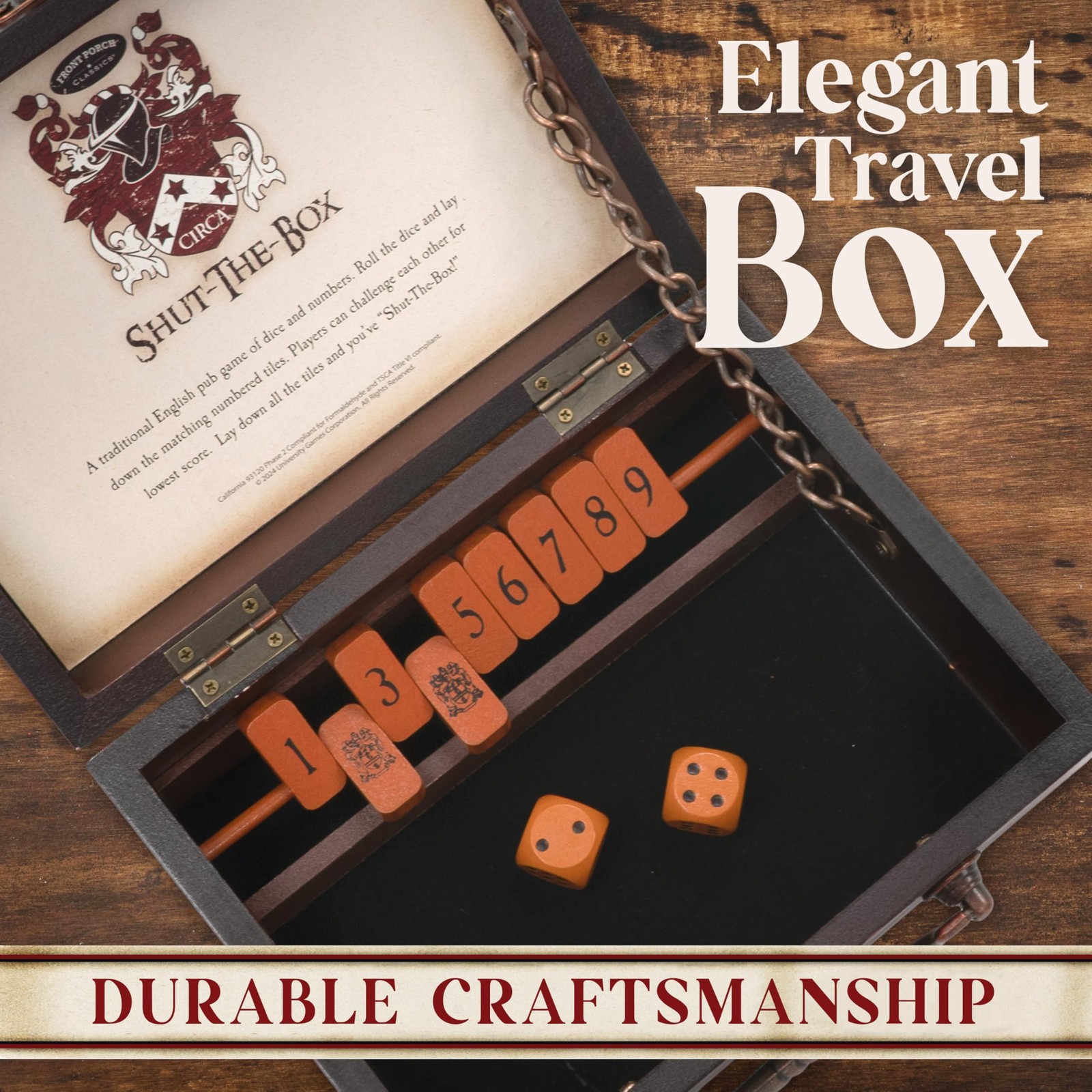 Front Porch Classics, Circa Shut the Box, Wooden 9 Number Dice Game with Case…