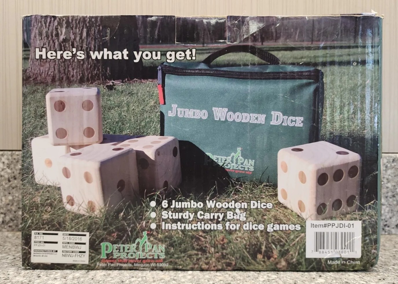 Jumbo Wooden Dice Peter Pan Project New Zealand Pine + Carry Bag PPJDI-01 2016