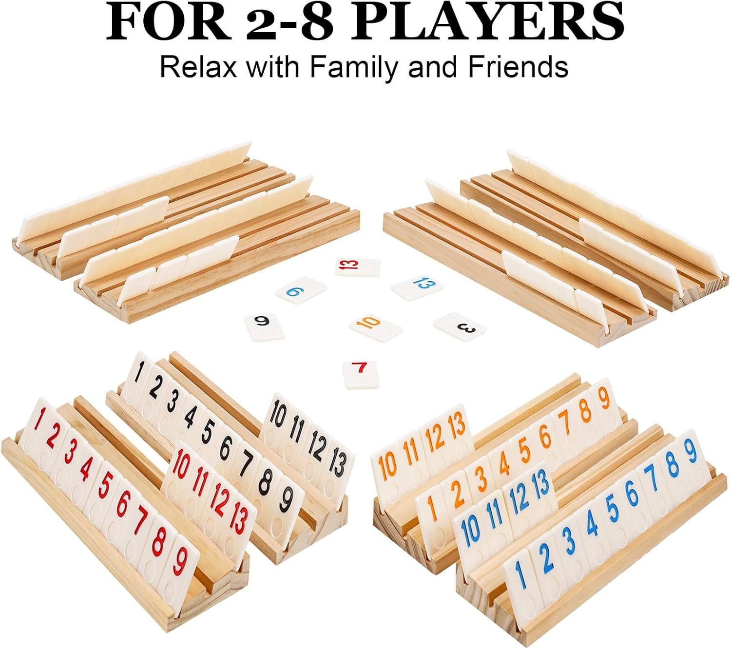 Upgraded 6-8 Players Rummy Cube Board Game Set with 8 Wooden Racks, 214 Tiles, P